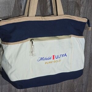 Michelob Ultra Pure Gold Canvas Tote Bag Navy Cream Zippered Travel Beach Cooler